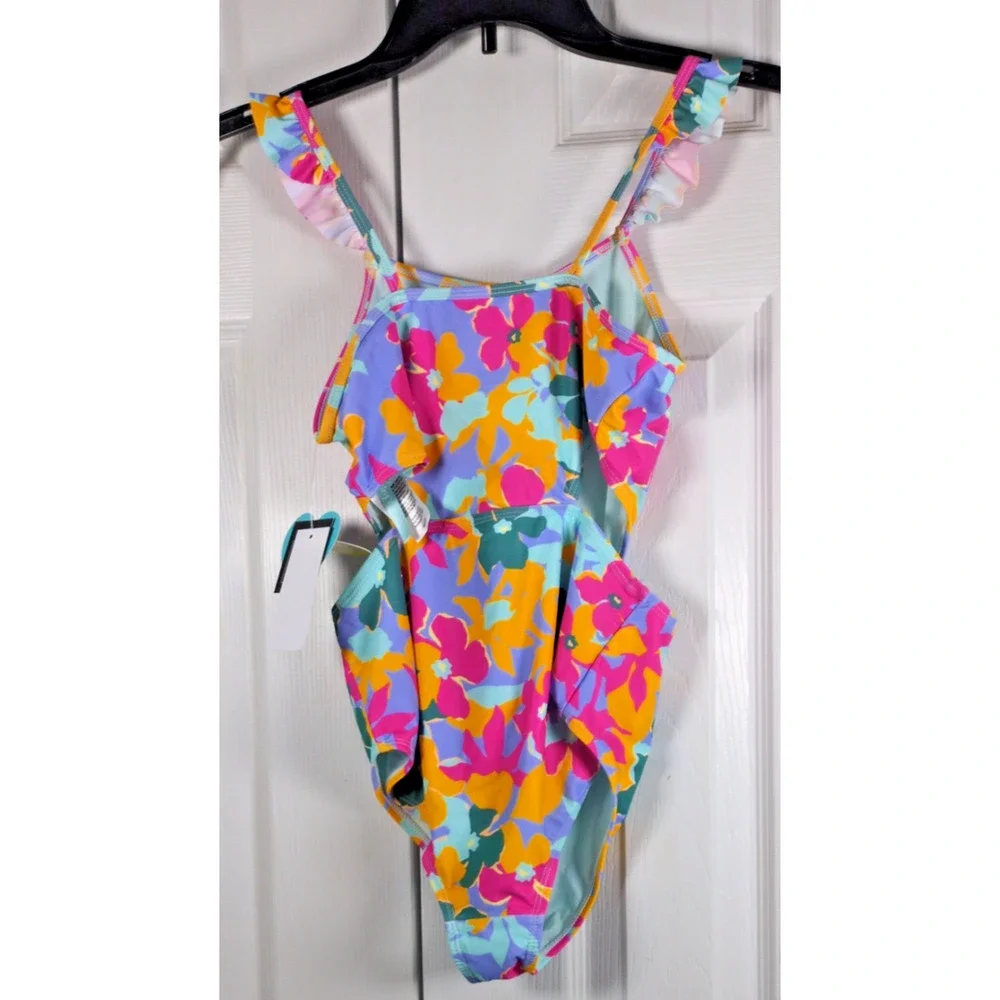 Breaking Waves Girls Sz 14 One Piece Swimsuit Floral Cutout UPF 50+ Monokini NWT